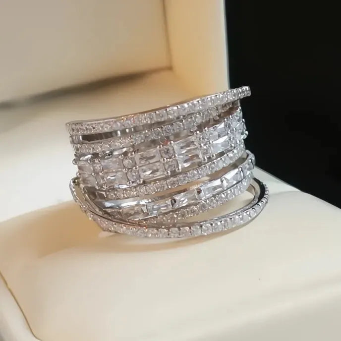 Fashion Multilayered Wide Geometric Cubic Zirconia Ring Brass Wedding Party Jewelry for Women