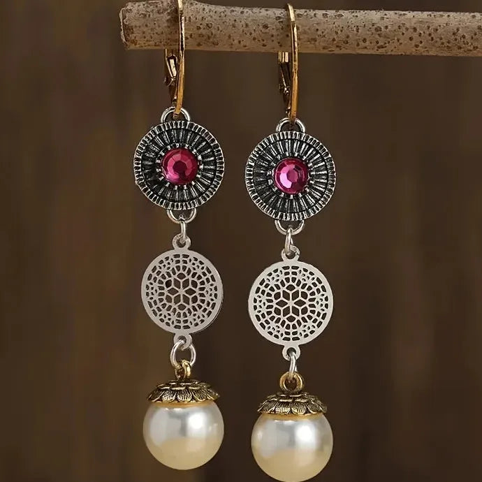Vintage Bohemian Alloy Pearl Drop Earrings Women Sunflower Pendant Jewelry Gift