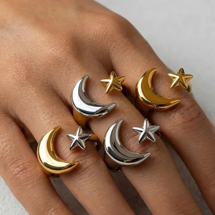 Adjustable Stainless Steel Gold Star Moon Ring for Women Celestial Gift