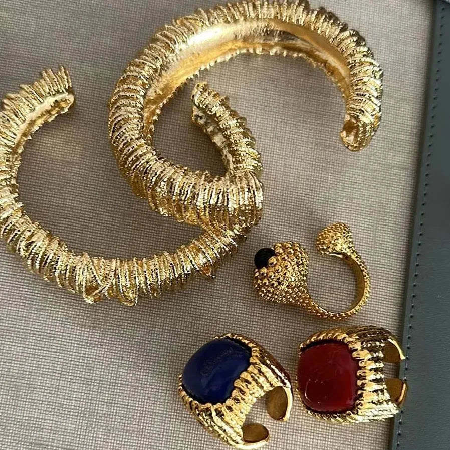18K Gold Plated Stainless Steel Lava Textured Multi-layer Open Cuff Bracelet