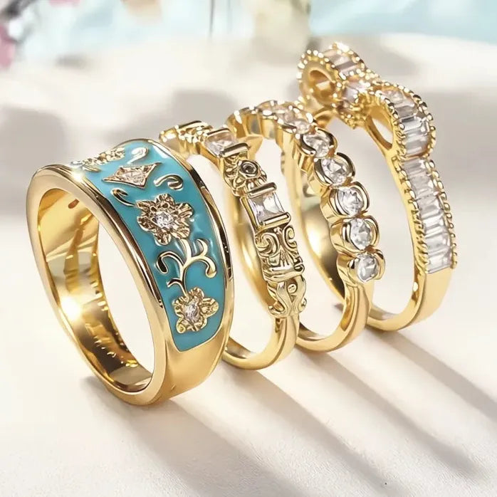 Boho 4-Pcs Women’s Gold Rings Set with Blue Enamel Flower & CZ