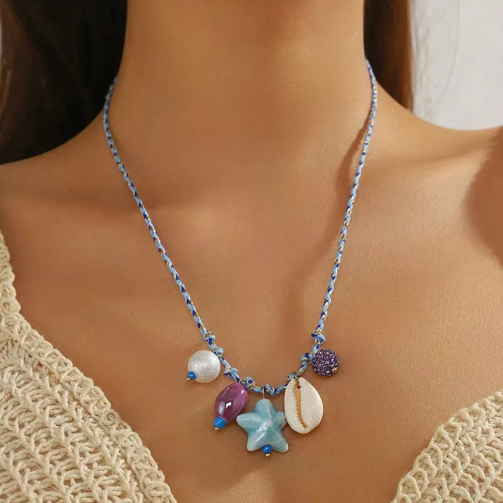 Handmade Rope Ceramic Fish Conch Pendant Necklace Women Starfish Shell Choker Jewelry