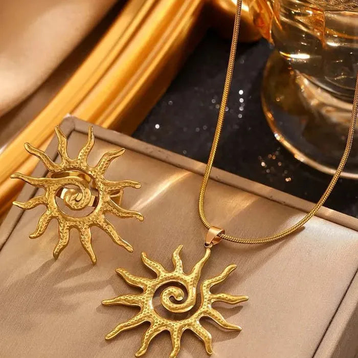 Stainless Steel Sun Pendant Necklace & Ring Set for Women Jewelry Gift