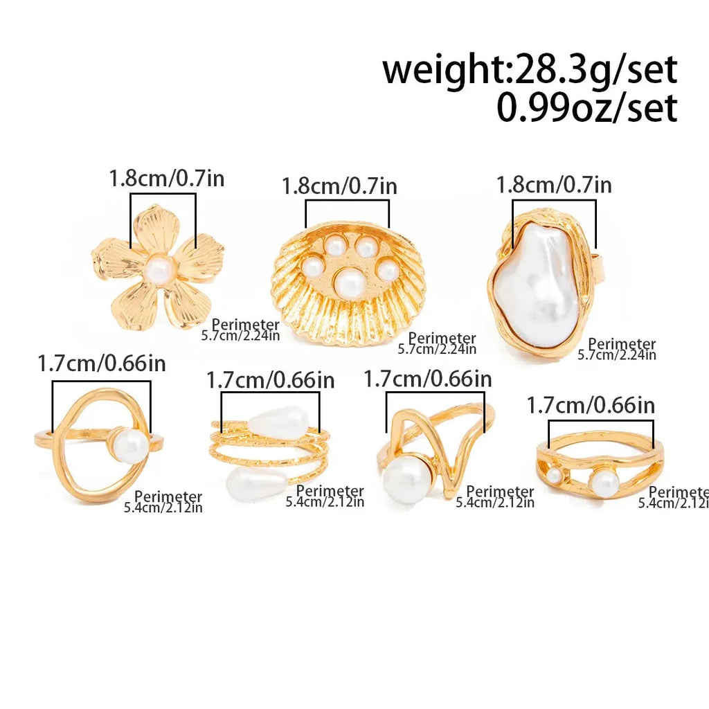7Pcs Vintage Irregular Geometric Flower Pearl Rings Set for Women Fashion Jewelry
