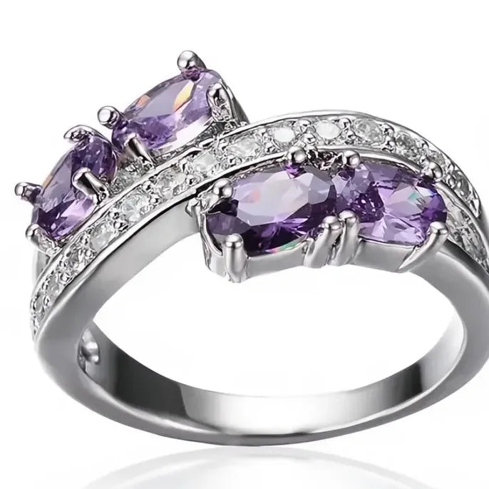 Women's Brass Geometric Ring with Purple Cubic Zirconia for Wedding Party