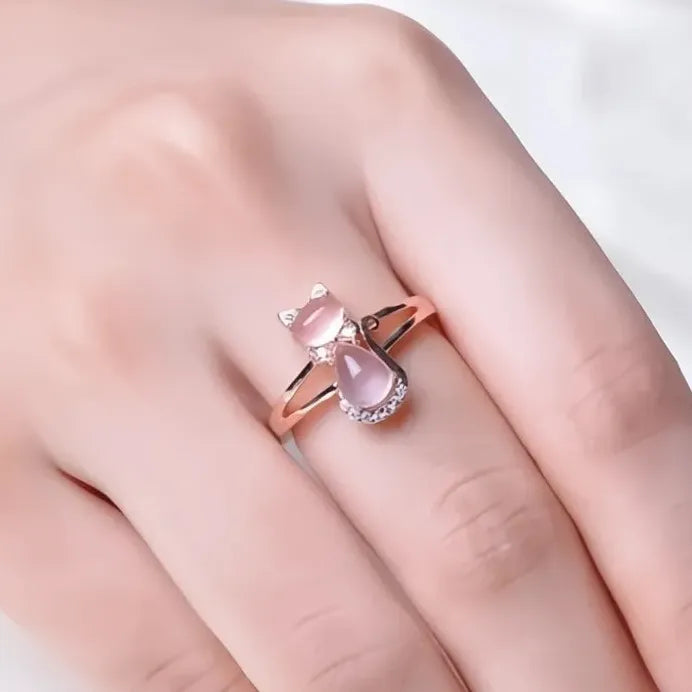 Trendy Pink Cat Cubic Zirconia Brass Ring for Women Girls Party Gift