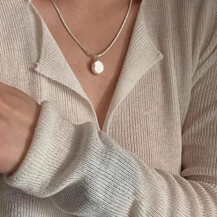 Titanium Steel Baroque Pearl Thin Chain Pendant Necklace for Women