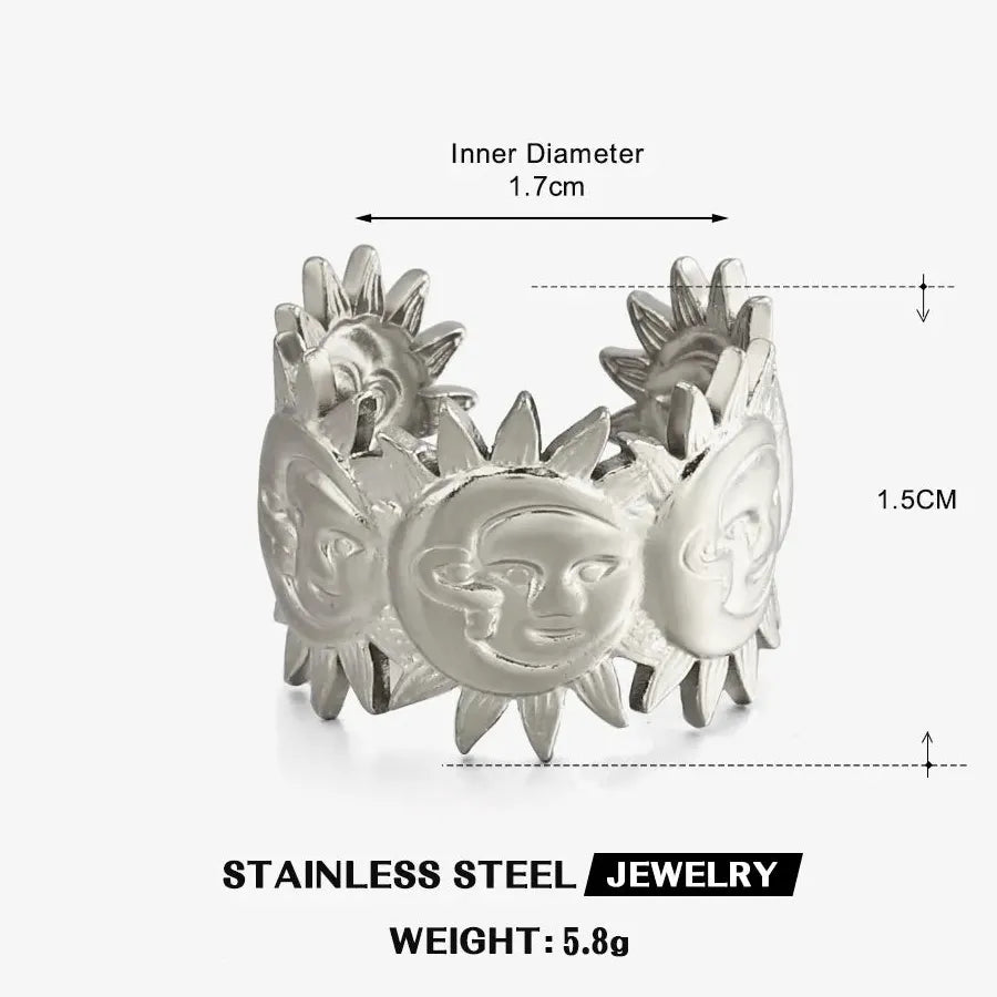 Gold Stainless Steel Geometric Sunflower Opening Ring for Women Men Jewelry
