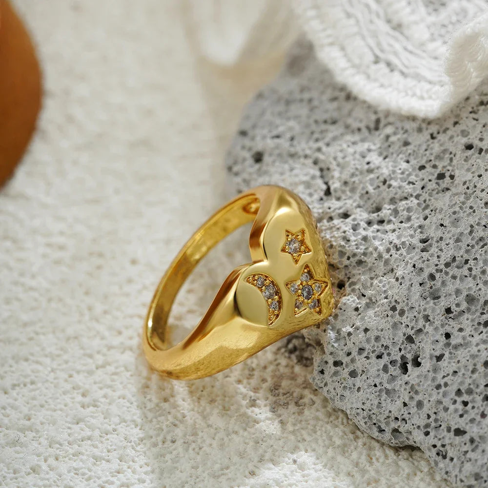 Waterproof Stainless Steel Love Heart Ring for Women 18K Gold Plated CZ Zircon Star Moon Wedding Jewelry