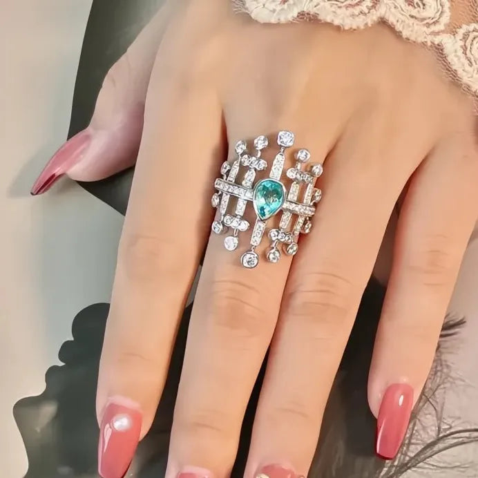 Geometric Pear Green CZ Wide Band Cocktail Wedding Ring for Women