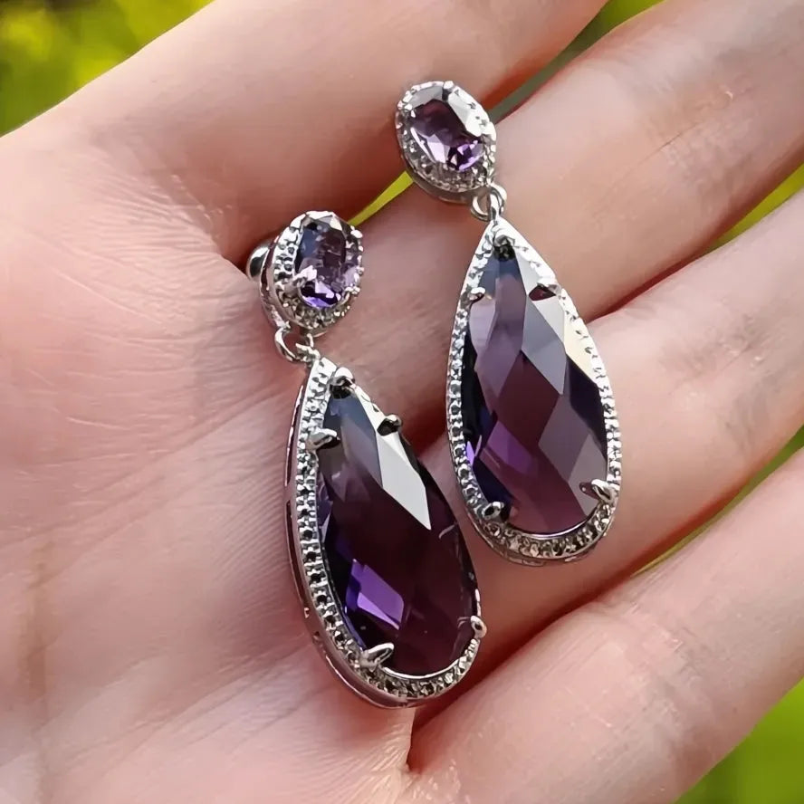 Pear Purple Cubic Zirconia Drop Earrings for Women Trendy Wedding Party Jewelry Gift