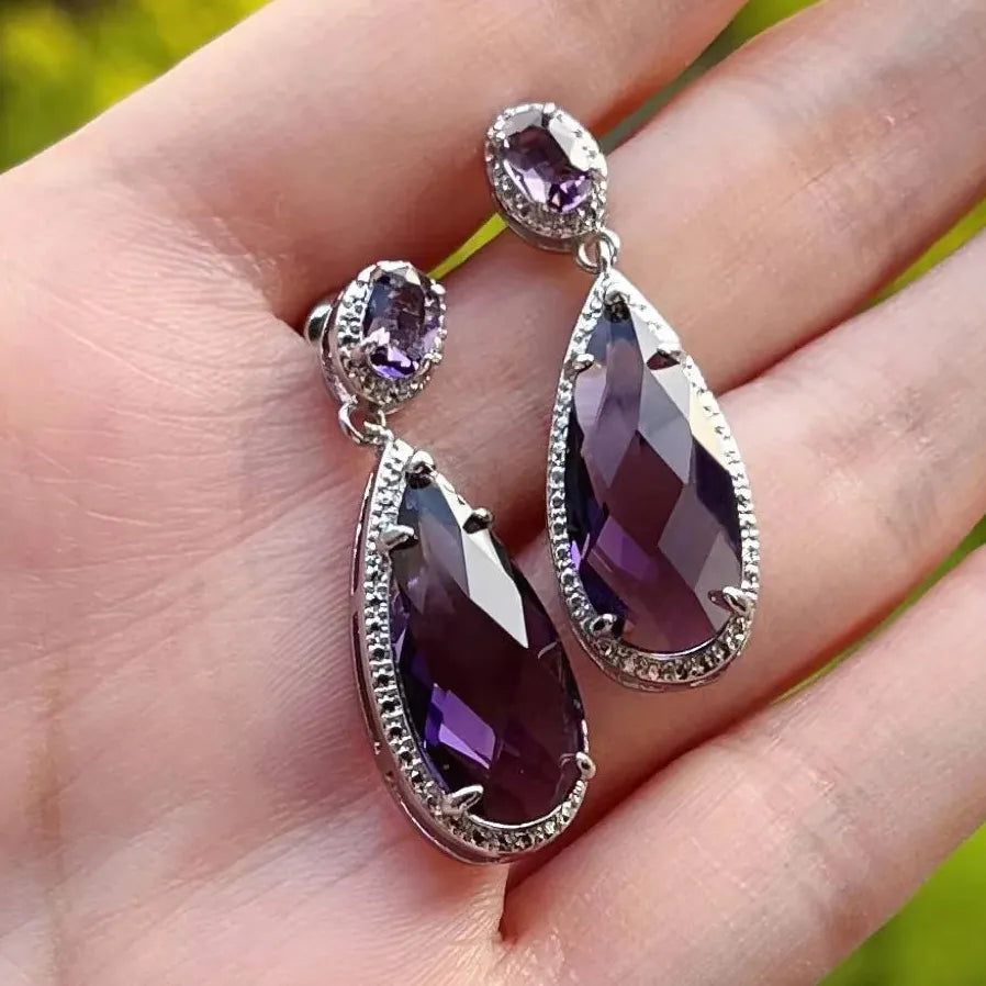 Purple Pear Geometric Cubic Zirconia Drop Earrings Brass Wedding Gift