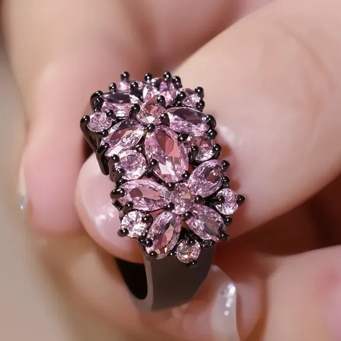 Black Brass Pink Cubic Zirconia Flower Ring Elegant Romantic Cocktail Jewelry