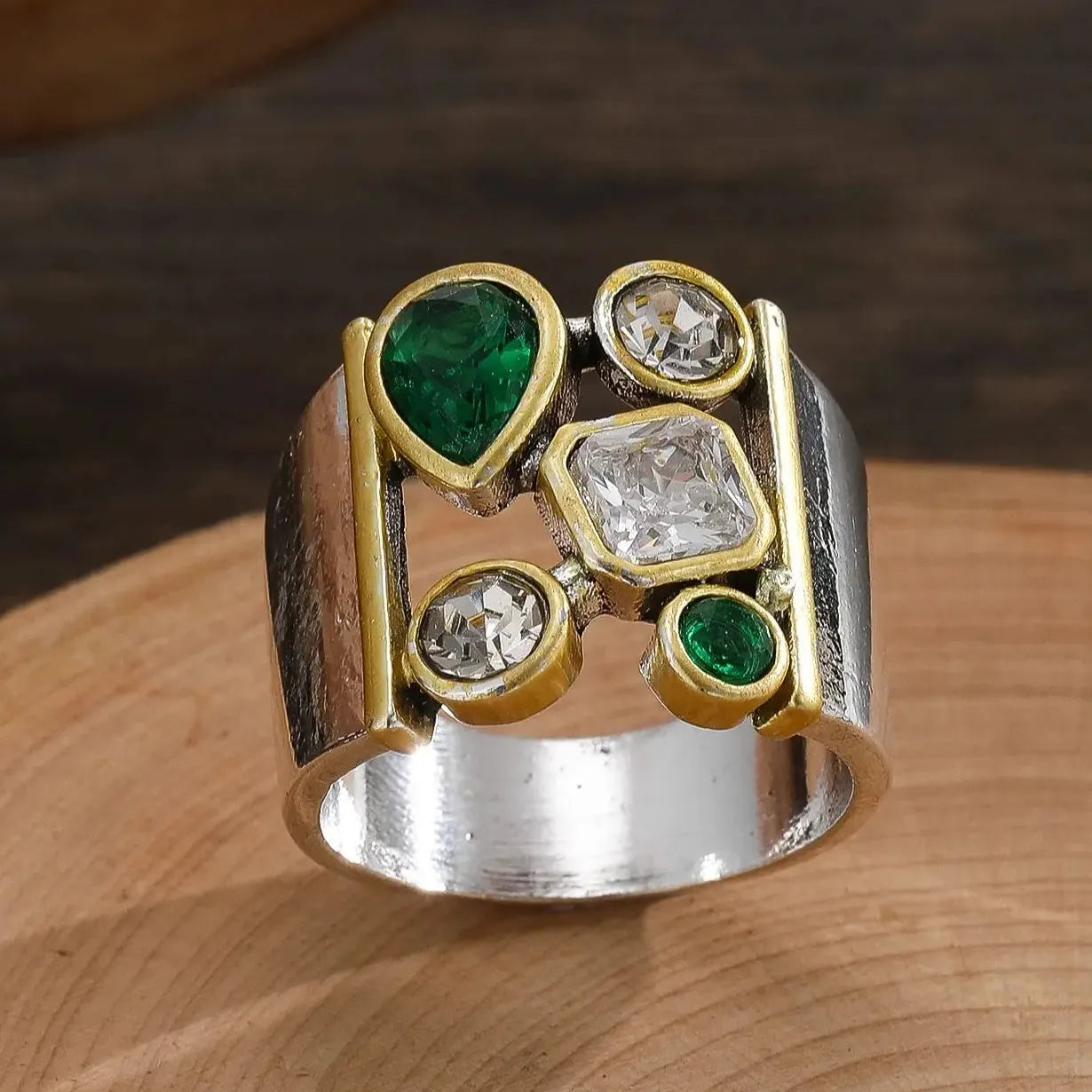 Vintage Silver Color Women's Ring Wide Creative Imitation Crystal Zinc Alloy Jewelry