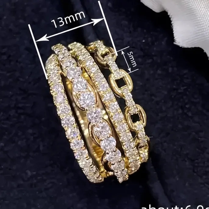 Multi-layer Gold Color Brass Ring with Shiny CZ Inlay for Women Wedding Party