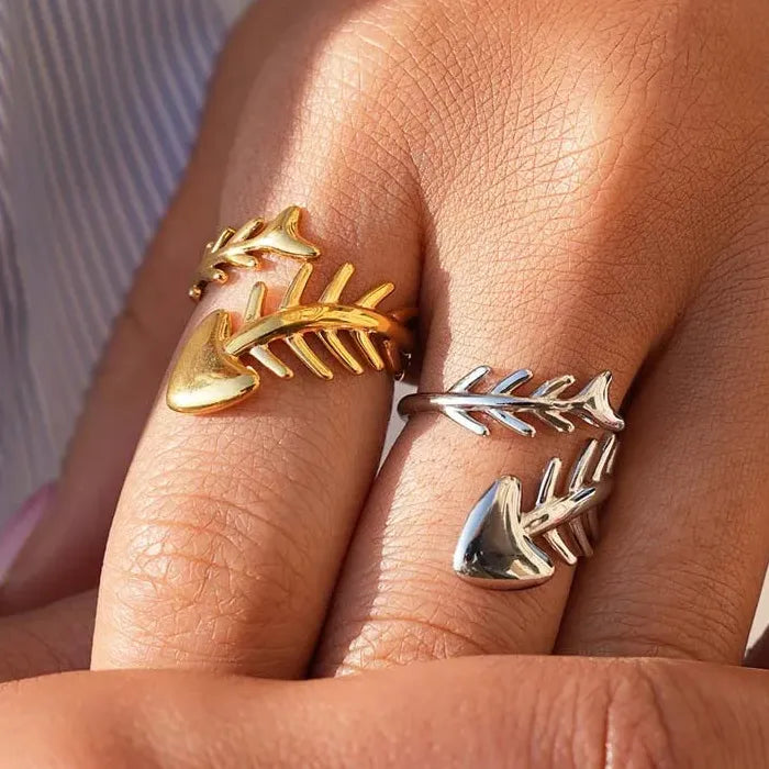 Adjustable Stainless Steel Fish Bone Open Ring for Women Gold Tone Jewelry Symbolic Gift