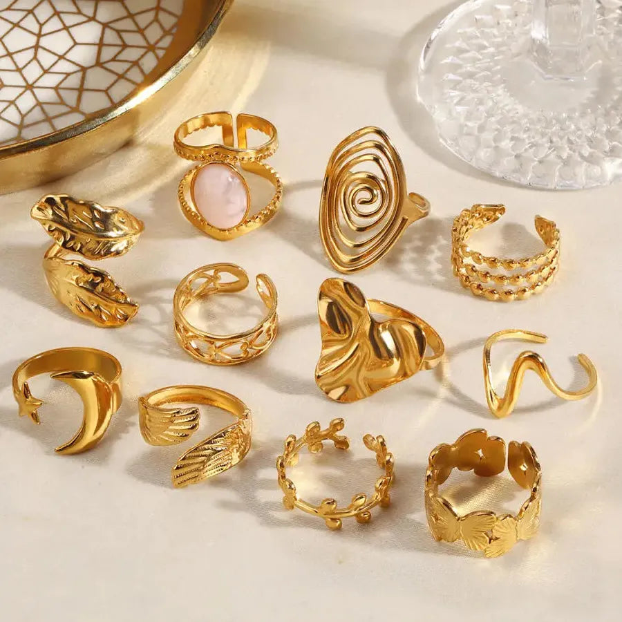 Butterfly Leaf Heart-Shaped 18K Gold Stainless Steel Ring Waterproof Gift Jewelry