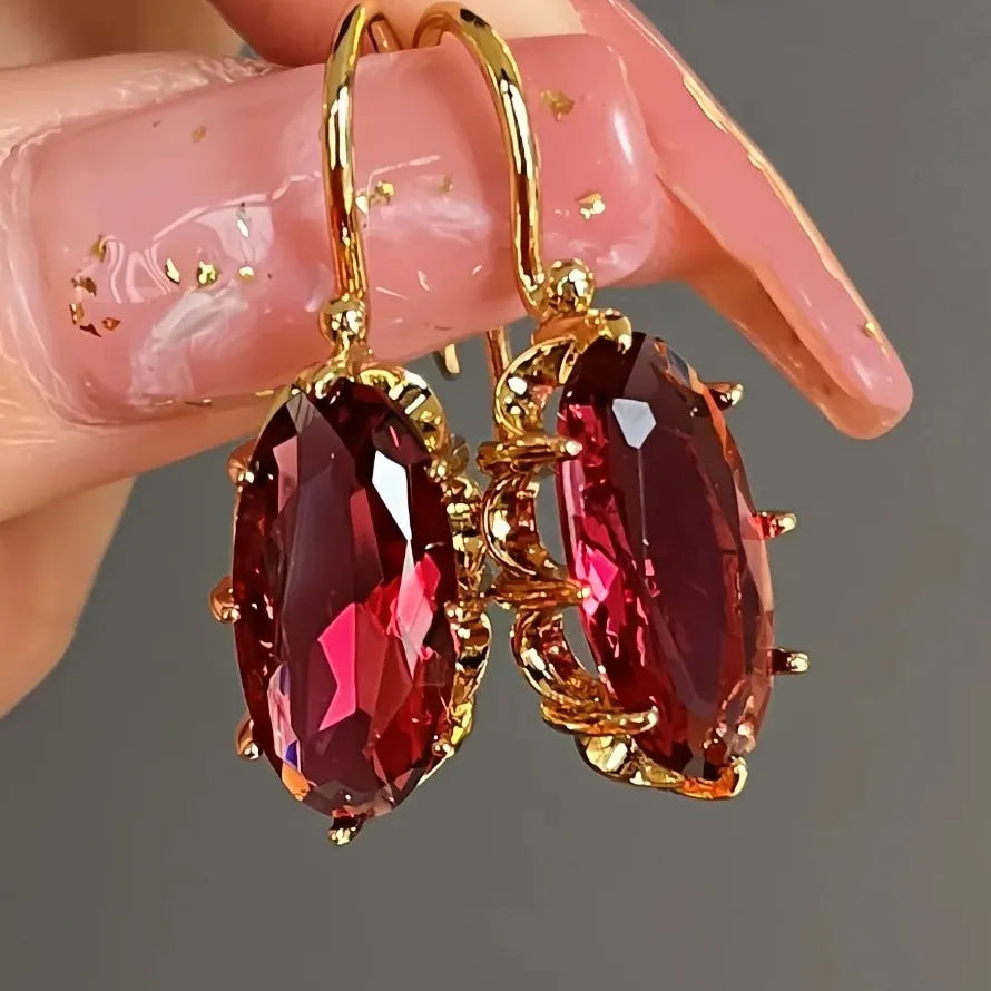 Gold Color Oval Cubic Zirconia Geometric Drop Earrings for Women Copper Alloy