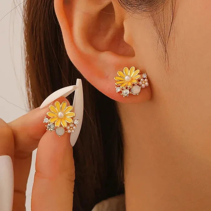 Yellow Daisy Zircon Pearl Stud Earrings for Women Vintage Gift Jewelry