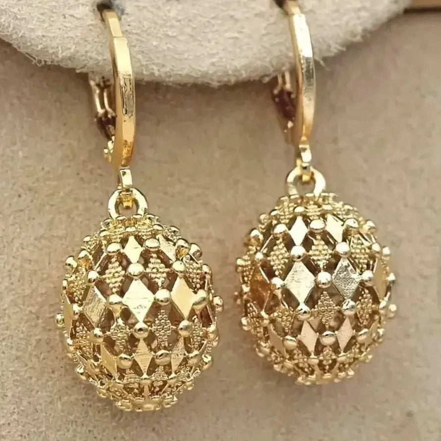 Vintage Hand Engraved Pattern Gold Plated Zinc Alloy Drop Hoop Earrings Women