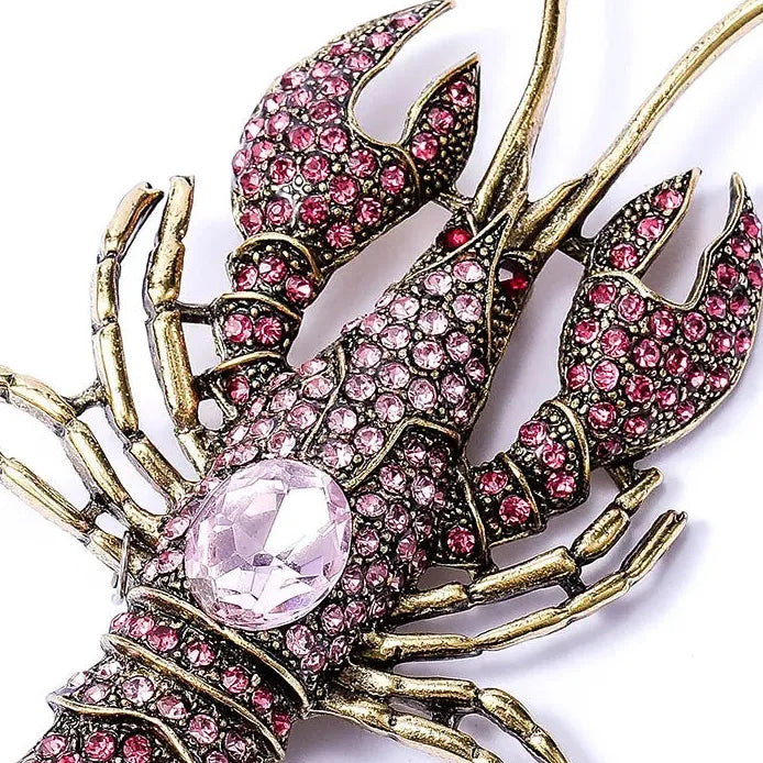 Pink Champagne Lobster Brooch Pin Rhinestone Crystal Corsage Jewelry