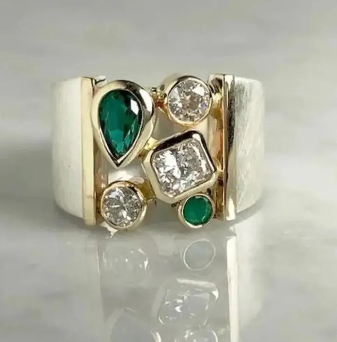 Vintage Silver Color Women's Ring Wide Creative Imitation Crystal Zinc Alloy Jewelry
