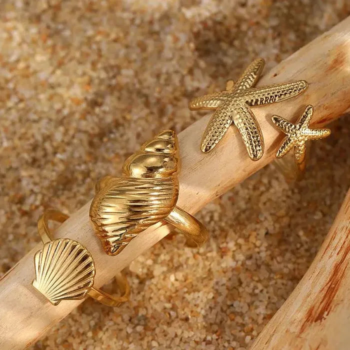Adjustable Stainless Steel Starfish Conch Shell Ring for Women Gift Jewelry Gold