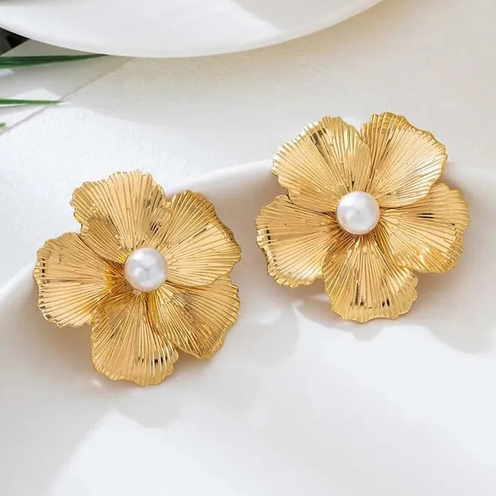 Large Flower Pearl Stud Earrings for Women Korean Fashion Gift Jewelry