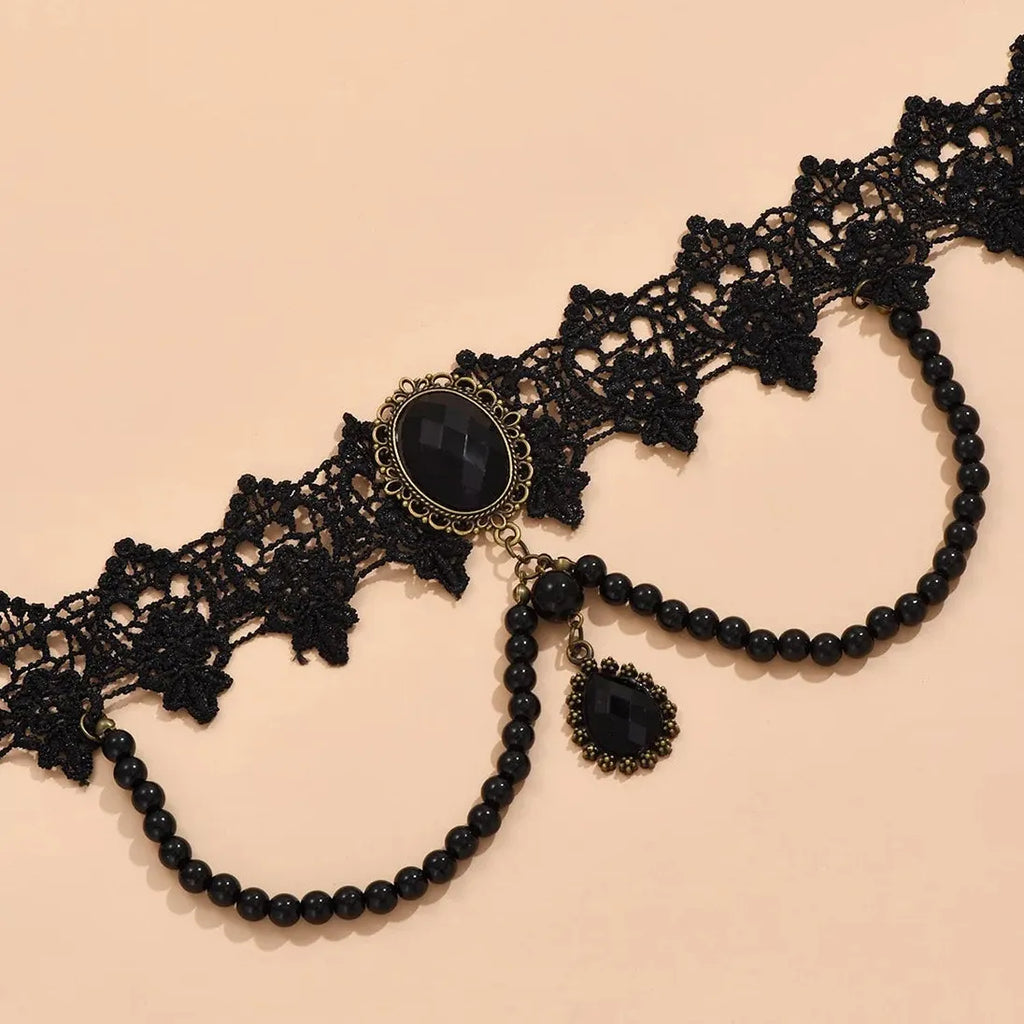 Black Lace Gothic Choker with Crystal Circle Pendant for Women
