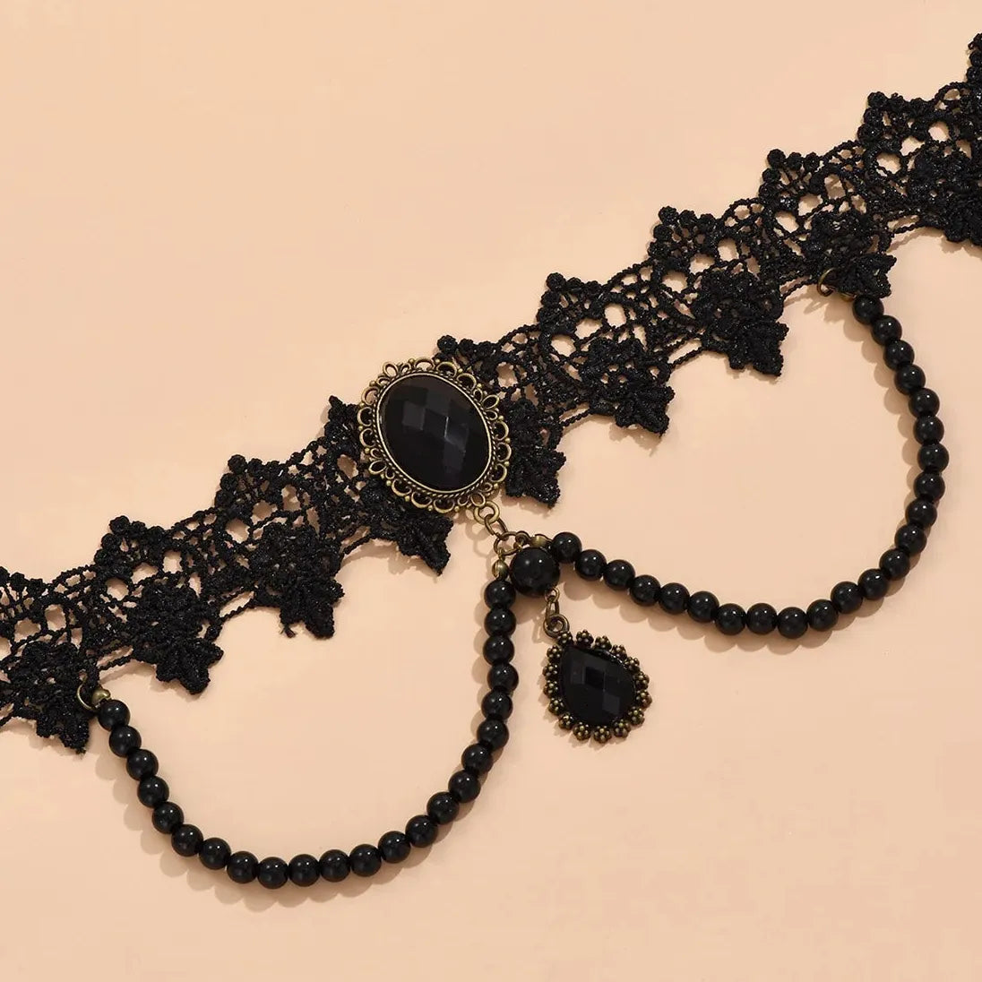 Black Lace Gothic Choker with Crystal Circle Pendant for Women