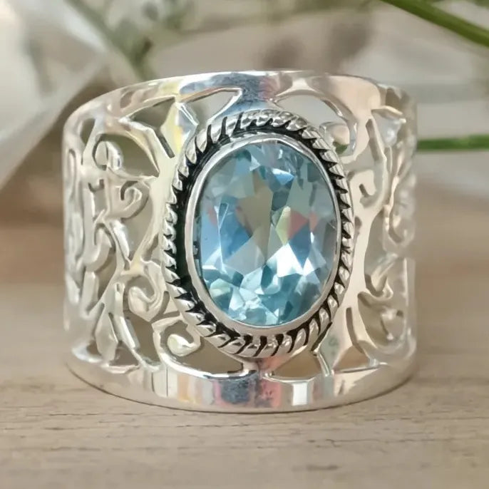 Wide Hollow Zinc Alloy Ring with Oval Sky Blue Glass Stone for Women