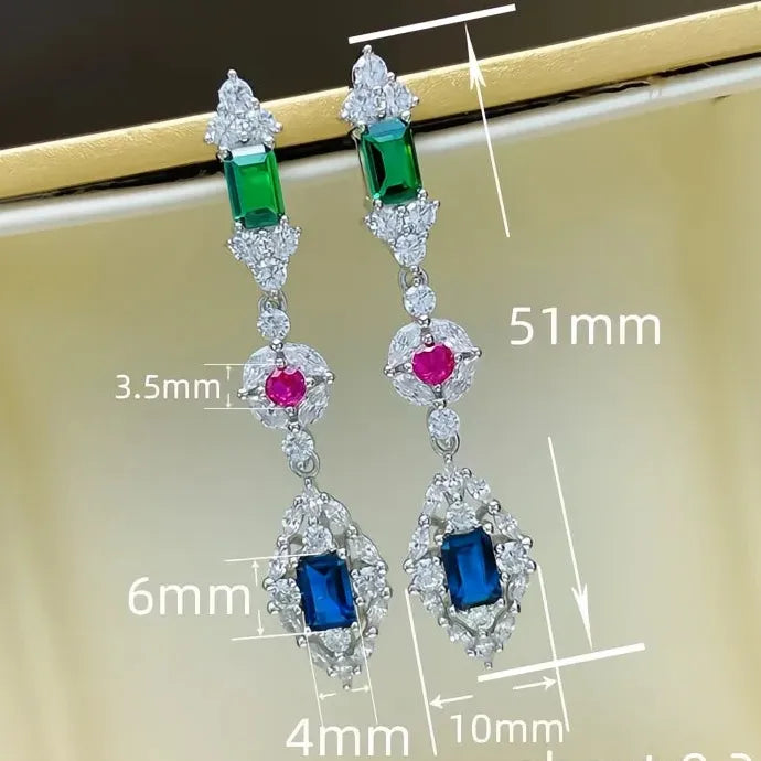 Women Geometric Drop Earrings Brass CZ Red Green Blue Sparkling Jewelry