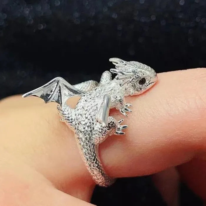 Gothic Punk Dragon Ring Featuring Pterosaur Wings Adjustable for Men Women