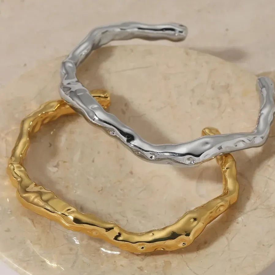 18K Gold Plated Stainless Steel Geometric Ripple Twist Open Cuff Bracelet Women