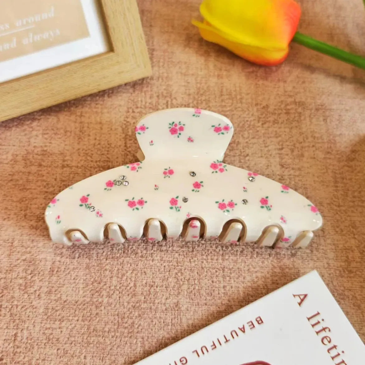 Rectangular Sweet Cherry Flower Print Rhinestone Hair Claw Clip for Women