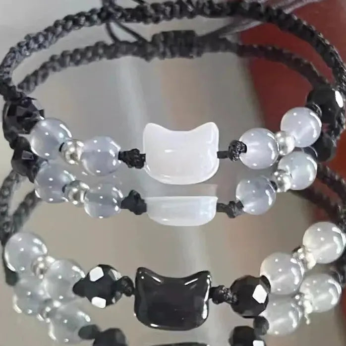 2Pcs Handmade Natural Moonstone Couple Bracelets Black White Cat Jewelry Gift