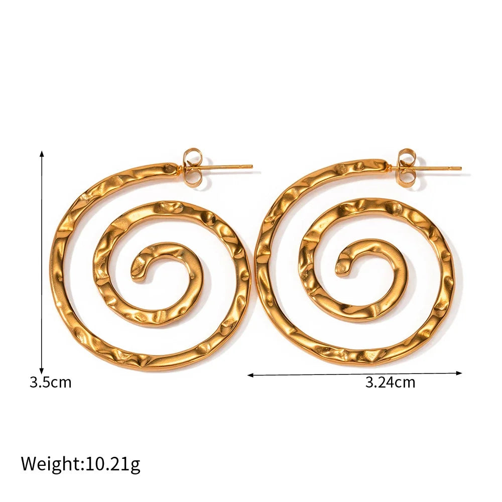 Waterproof 18K Gold Plated Metal Vortex Swirl Earrings Geometric Spiral Rings