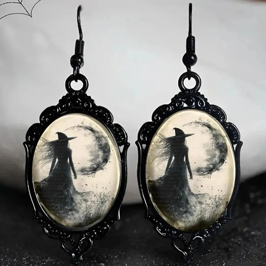 Asymmetric Black Dandelion Elf Fairy Gothic Oval Glass Zinc Alloy Earrings