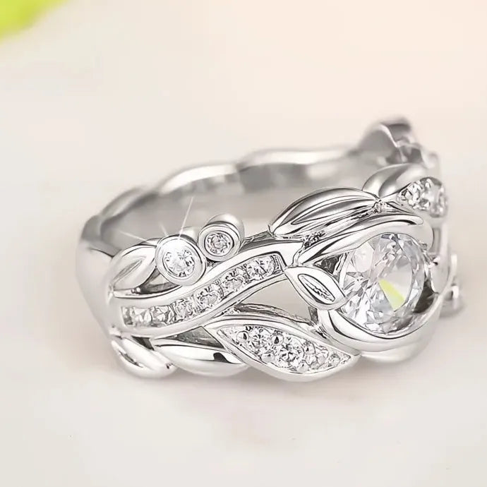 Chic Leaf Brass Ring with Dazzling Cubic Zirconia Charms Jewelry for Women