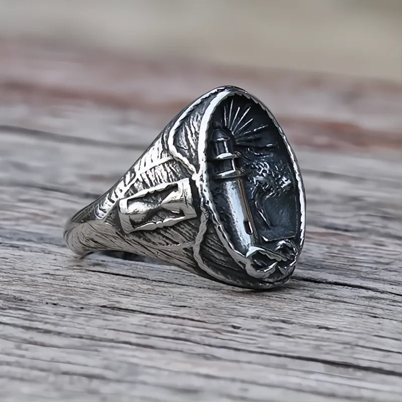 2️⃣ Nautical Lighthouse Ring Stainless Steel Viking Nordic Signet Ring Men