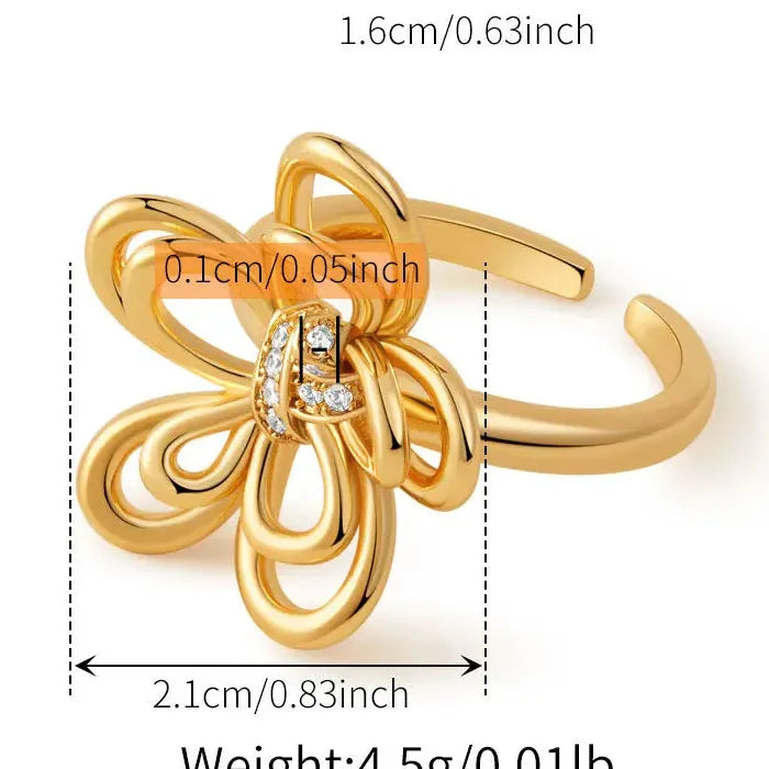 Adjustable Silver Zircon Skeleton Flower Ring for Women Copper Jewelry Gift