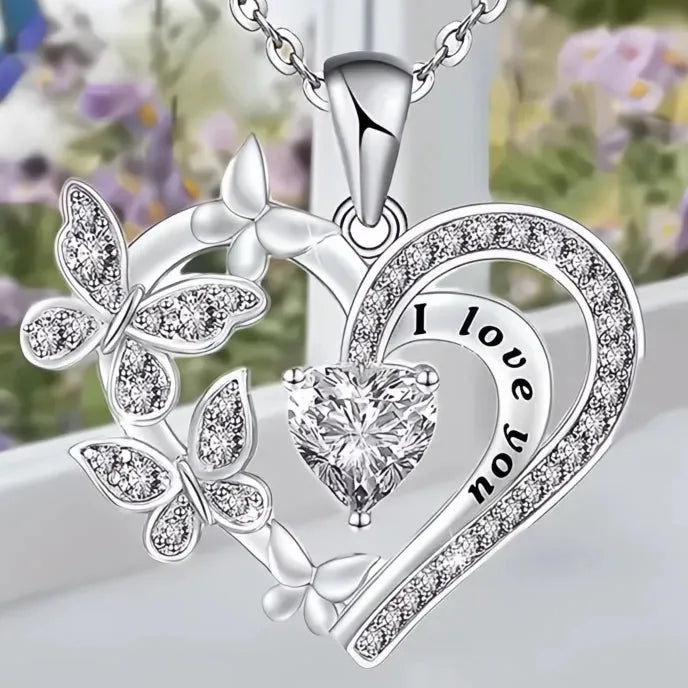 Purple White Butterfly Love Pendant Necklace for Women Cubic Zirconia Wedding Party Jewelry