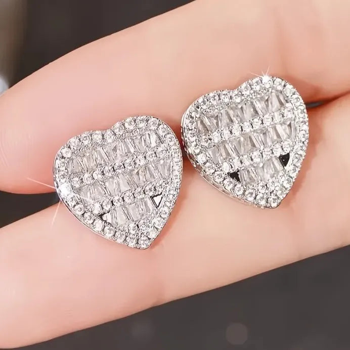 Heart Shaped Women Stud Earrings Silver Tone Cubic Zirconia Gift
