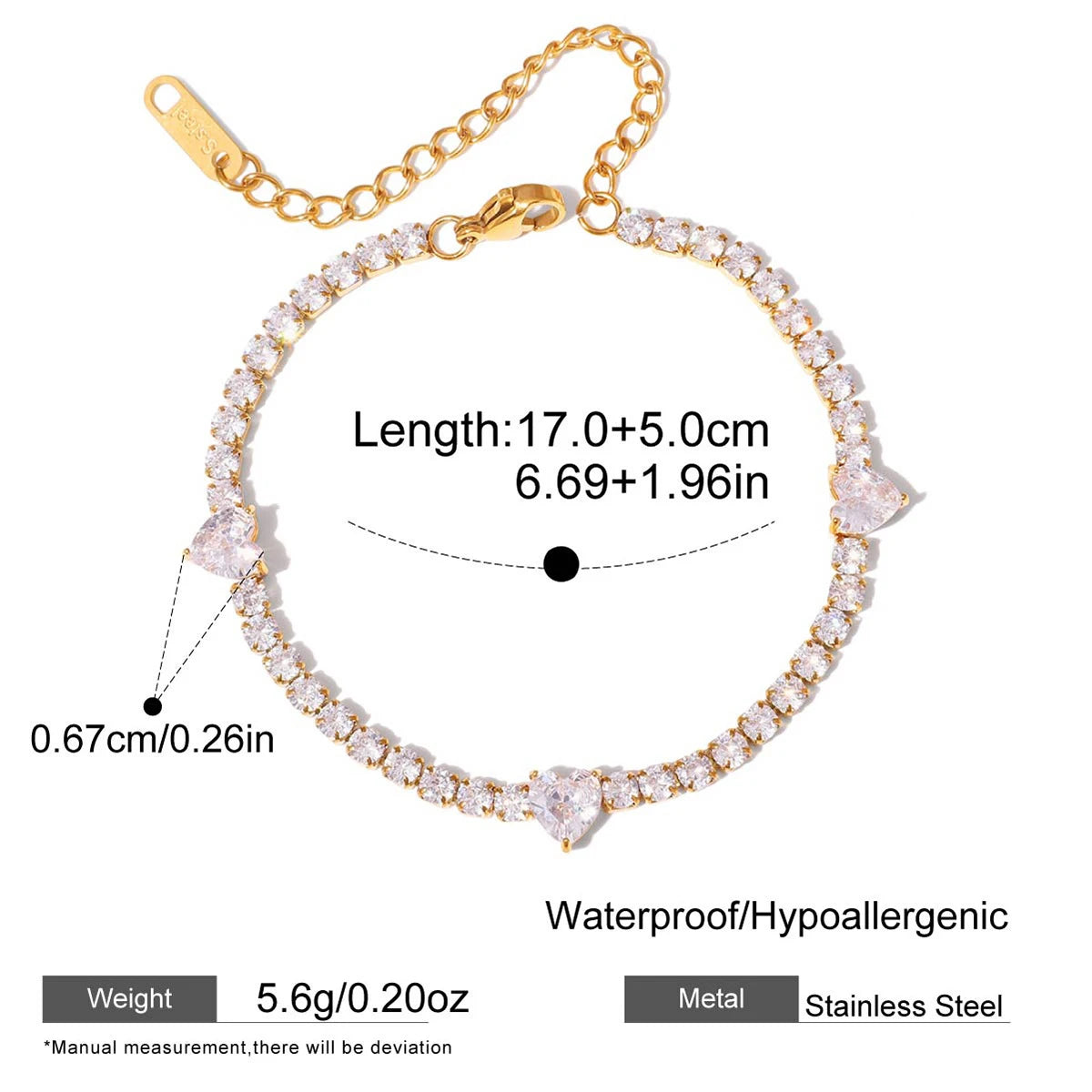 18K Gold Plated Stainless Steel Tennis Chain Bracelet CZ Zircon Fashion Jewelry Gift