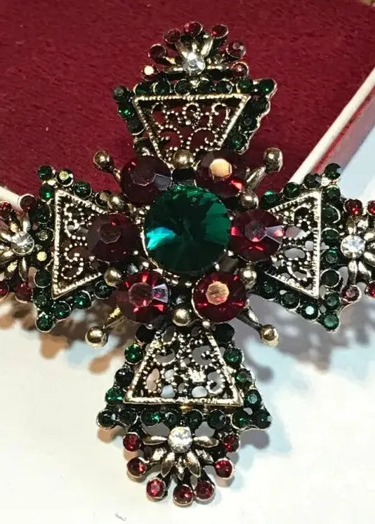 Vintage Maltese Cross Brooch Pendant with Red and Green Crystals