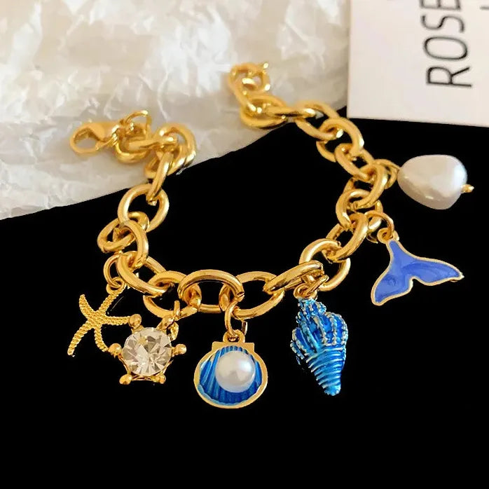 Drop Oil Fish Tail Conch Pearl Copper Alloy Chain Bracelet for Men & Women