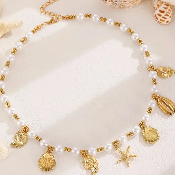 Bohemian Starfish Conch Pearl Necklace with Zinc Alloy Shell Pendant