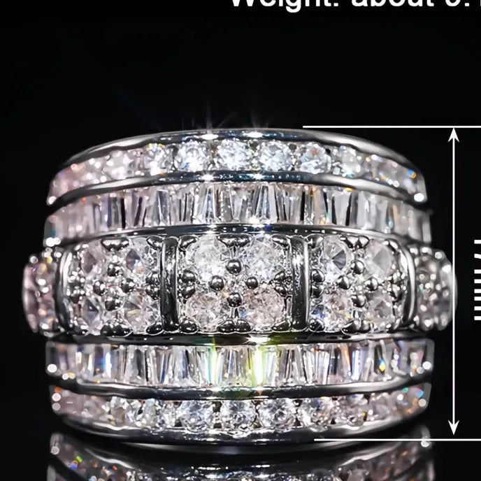 Silver Wide Cocktail Ring for Women with Bright Cubic Zirconia Inlay, Trendy Brass Party Jewelry