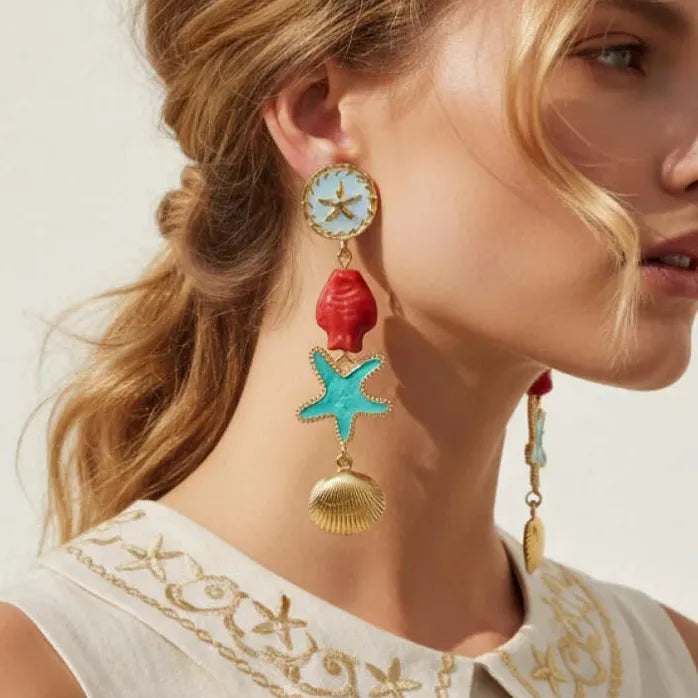 Boho Ceramic Sea Star Shell Fish Drop Earrings for Women Beach Jewelry Vacation