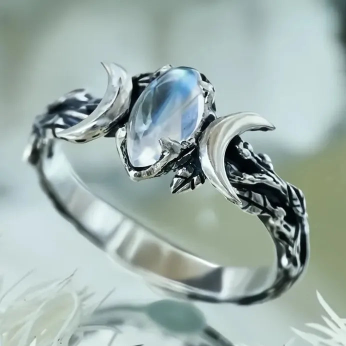 Vintage Geometric Olive Branch Ring with Imitation Moonstone for Women Gift